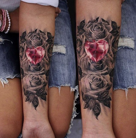 Moni Marino - Heart Diamond and Roses Tattoo